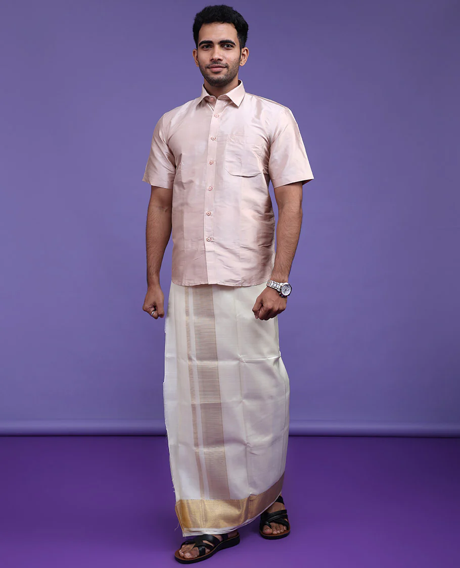 Cream plain design half-sleeve pure-silk shirt - Image 10