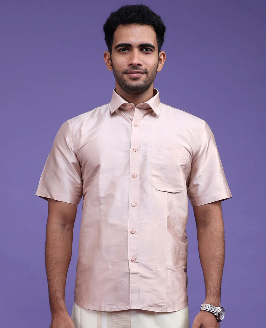 Cream plain design half-sleeve pure-silk shirt - Image 13