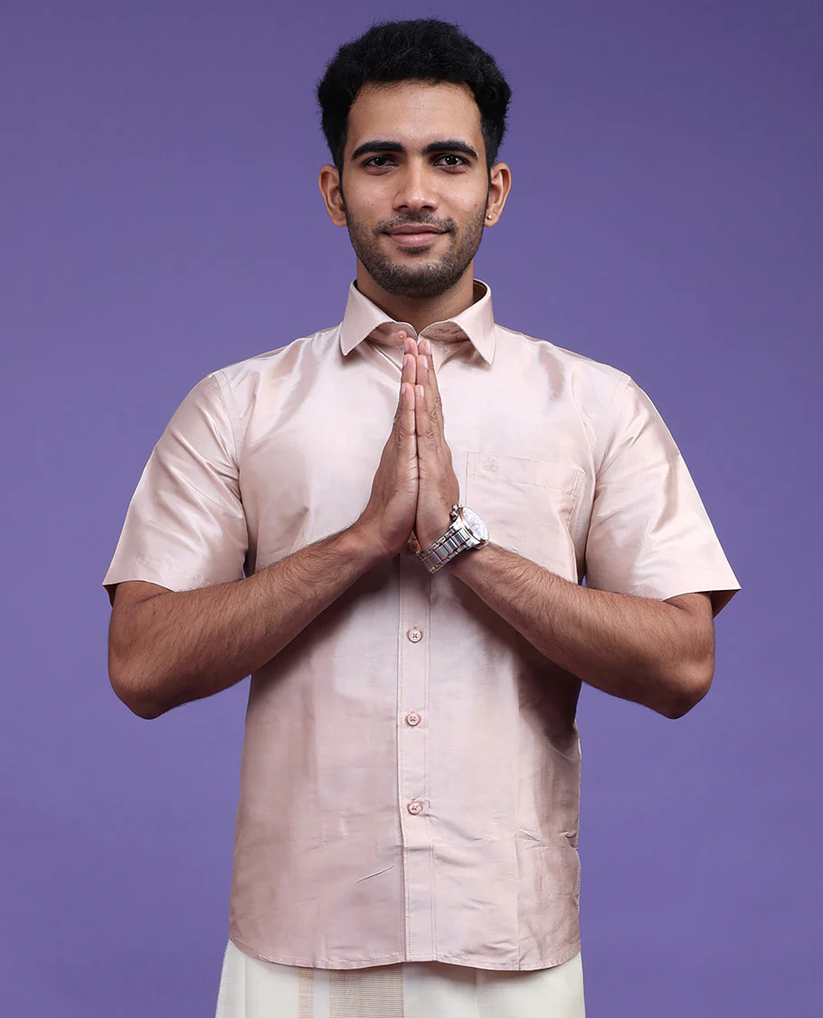 Cream plain design half-sleeve pure-silk shirt - Image 3