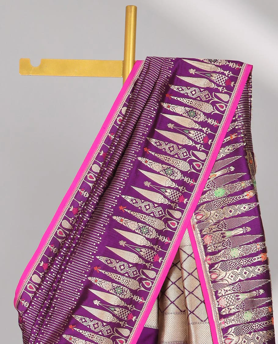 Purple chevron design Kathan silk saree, tree motifs border & jaal pallu - Image 3