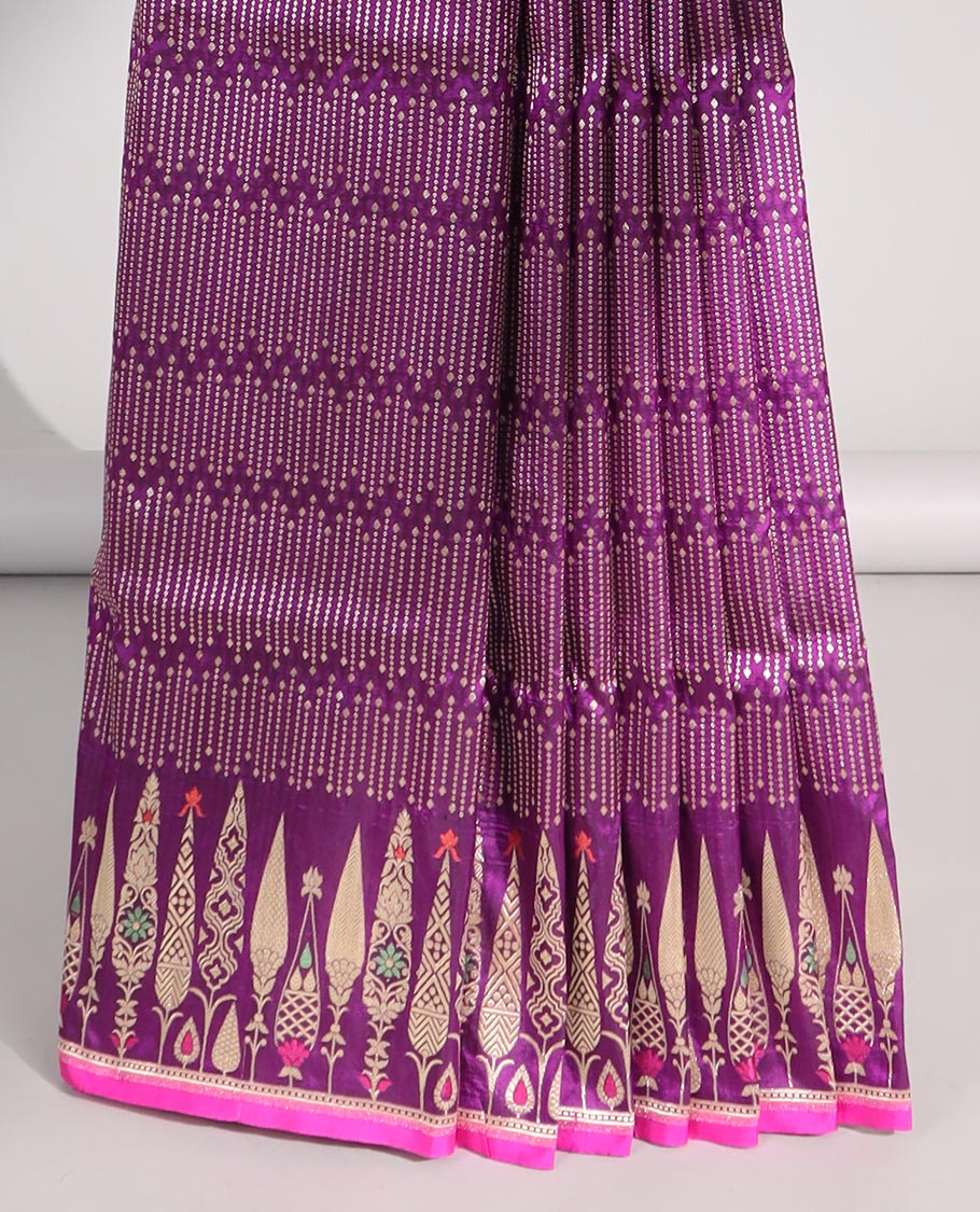 Purple chevron design Kathan silk saree, tree motifs border & jaal pallu - Image 4