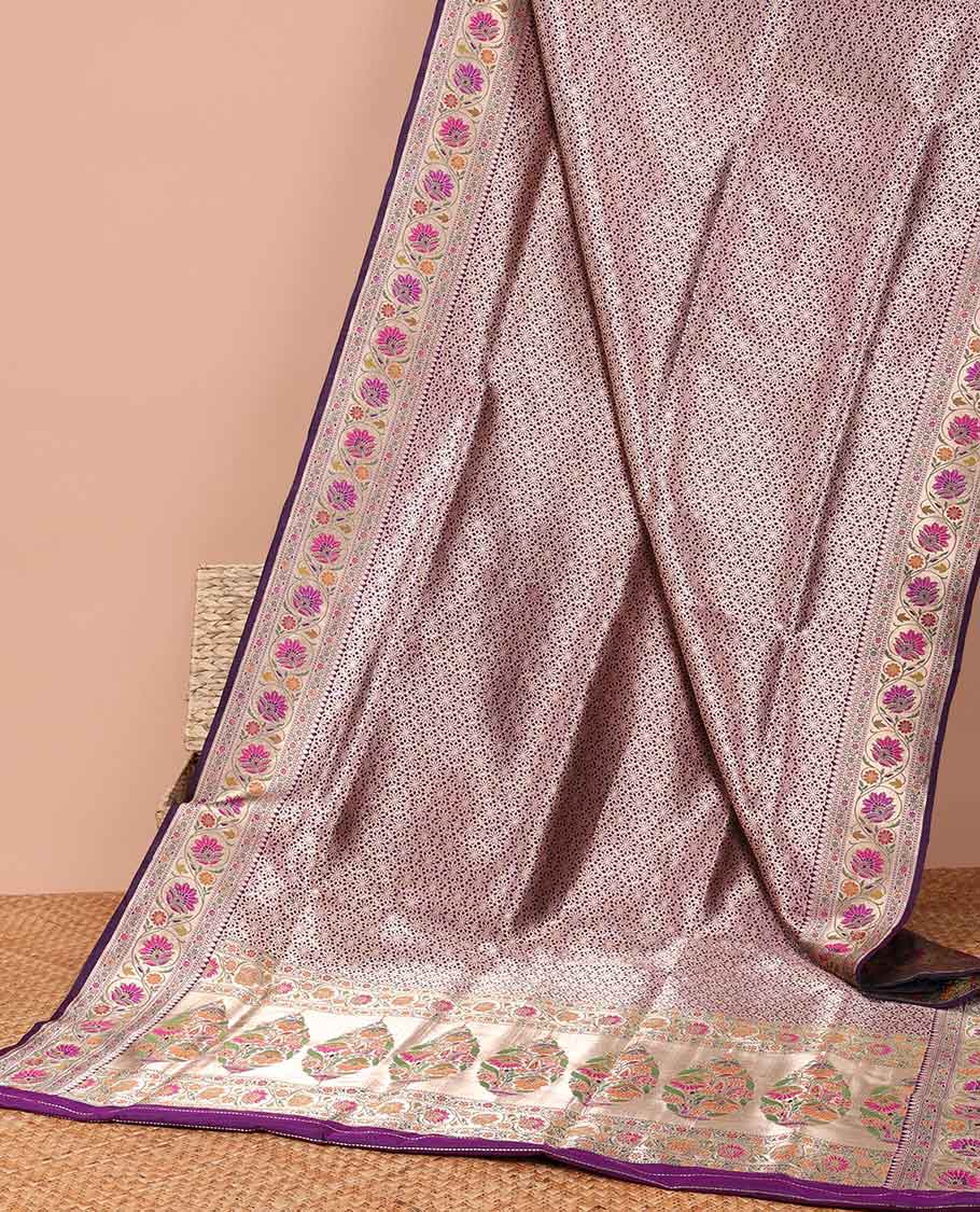 Purple floral jaal banaras silk saree with contrast floral border & floral zari design pallu - Image 3