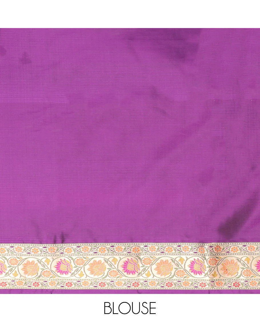 Purple floral jaal banaras silk saree with contrast floral border & floral zari design pallu - Image 6