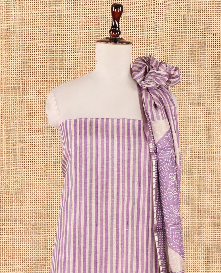 Purple semi-tussar material chudidar set, stripes & bandhani-style dotted motifs printed top & dupatta with heathered bottom - Image 3