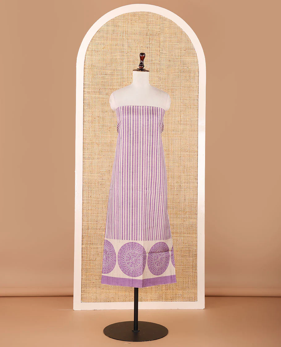 Purple semi-tussar material chudidar set, stripes & bandhani-style dotted motifs printed top & dupatta with heathered bottom - Image 4