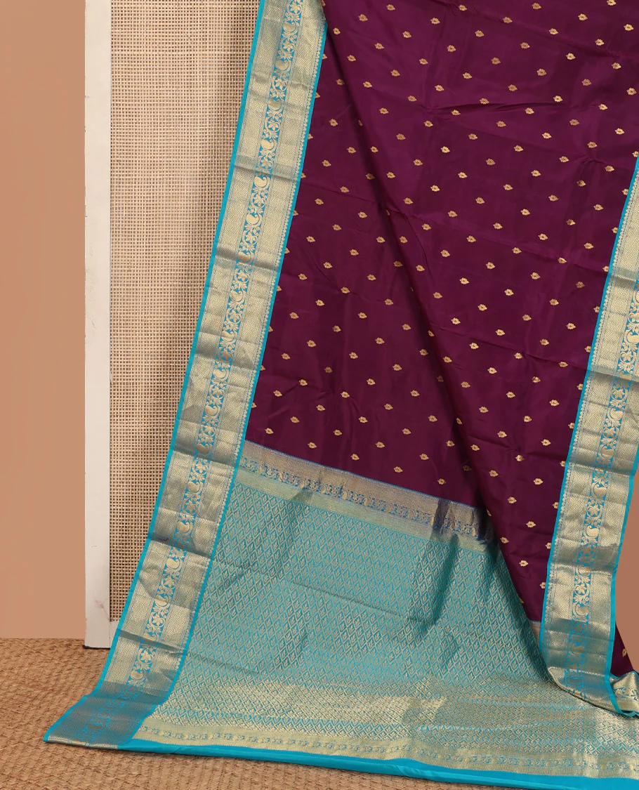 Purple zari buttas Bangalore silk saree, contrast traditional zari design border, and jaal pallu - Image 3