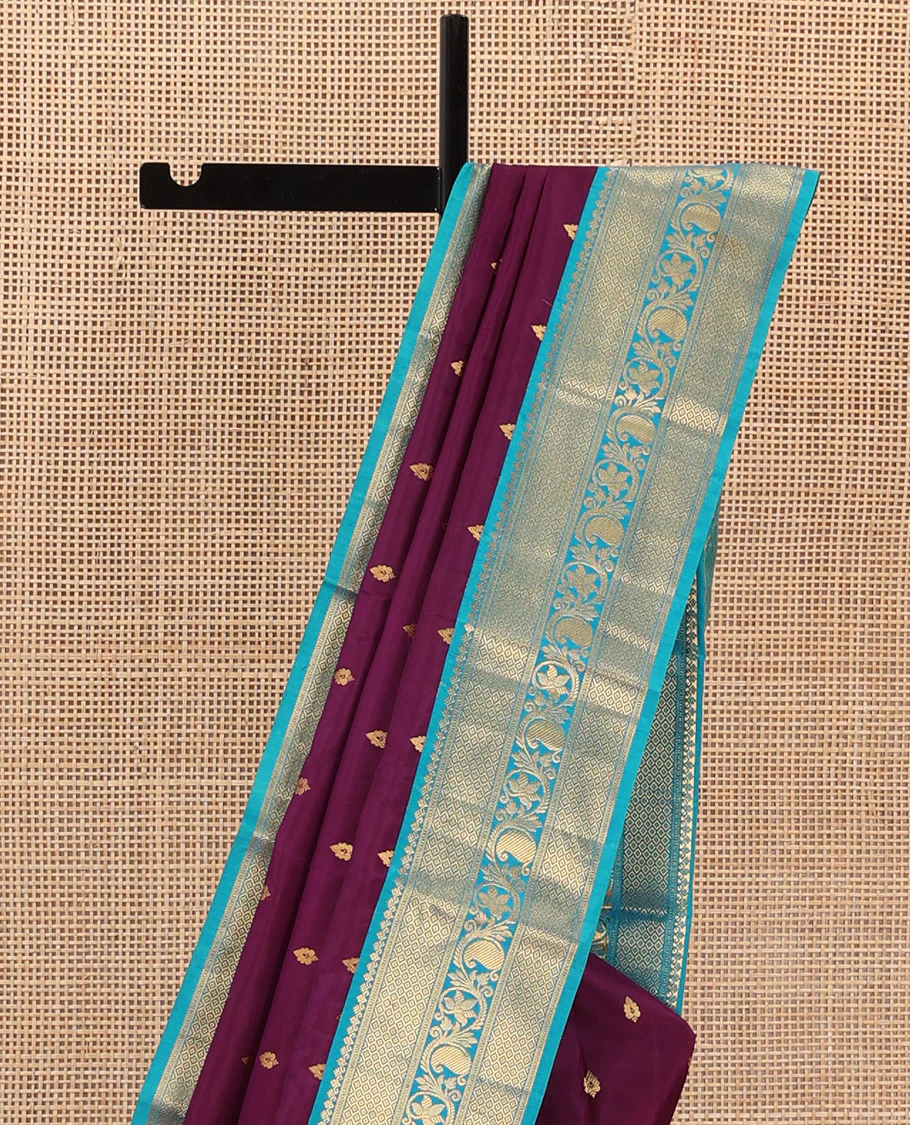 Purple zari buttas Bangalore silk saree, contrast traditional zari design border, and jaal pallu - Image 4