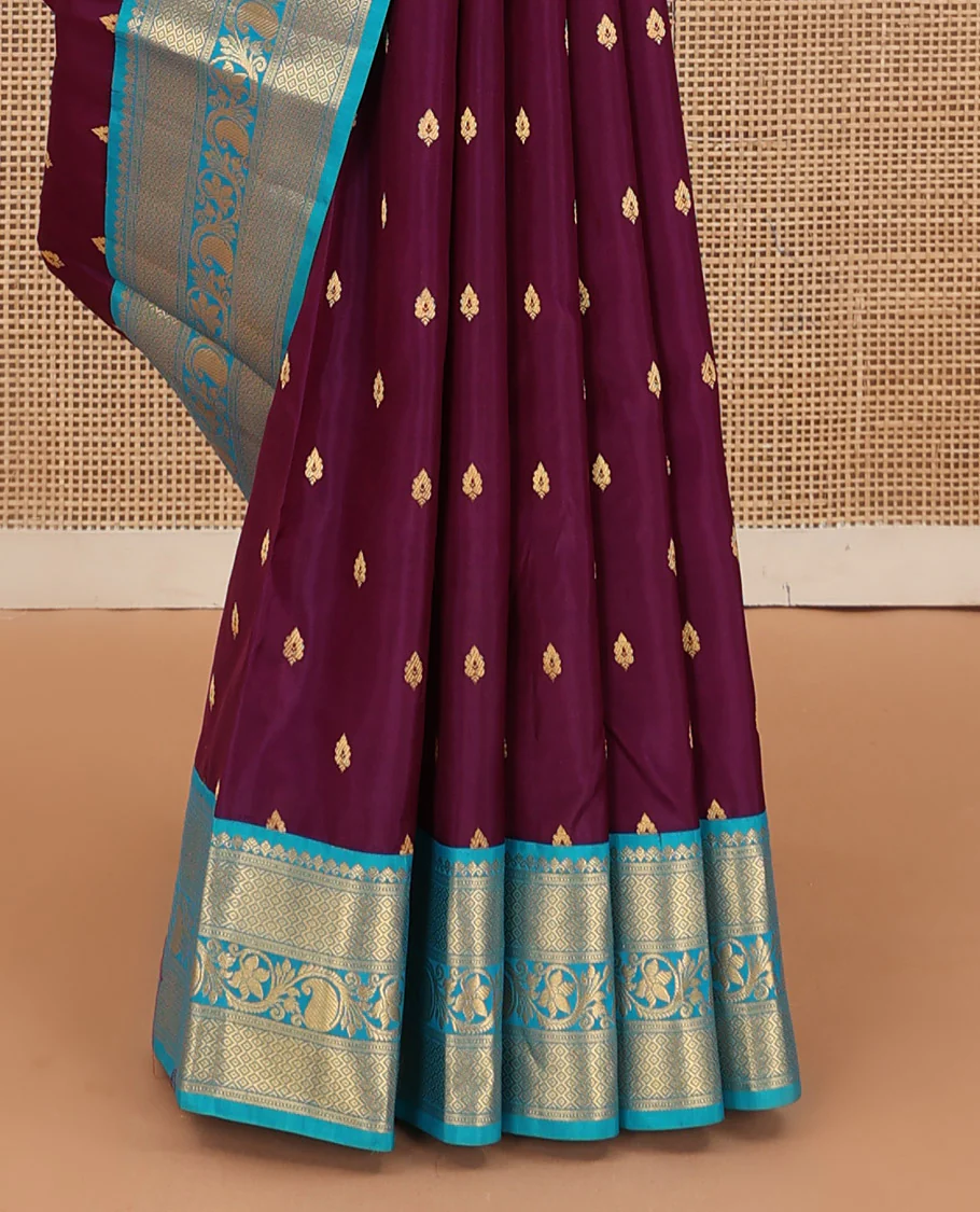 Purple zari buttas Bangalore silk saree, contrast traditional zari design border, and jaal pallu - Image 5
