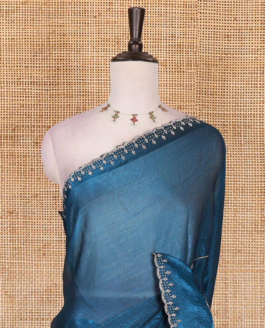 Rama blue micro stonework Fendi chiffon saree, scallop micro stonework border, stonework paisley pallu, and matching micro stone work blouse - Image 3
