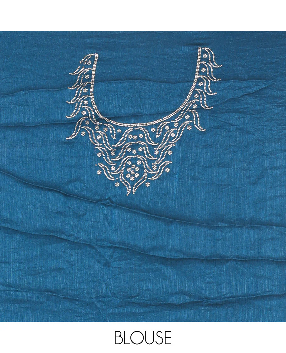 Rama blue micro stonework Fendi chiffon saree, scallop micro stonework border, stonework paisley pallu, and matching micro stone work blouse - Image 4