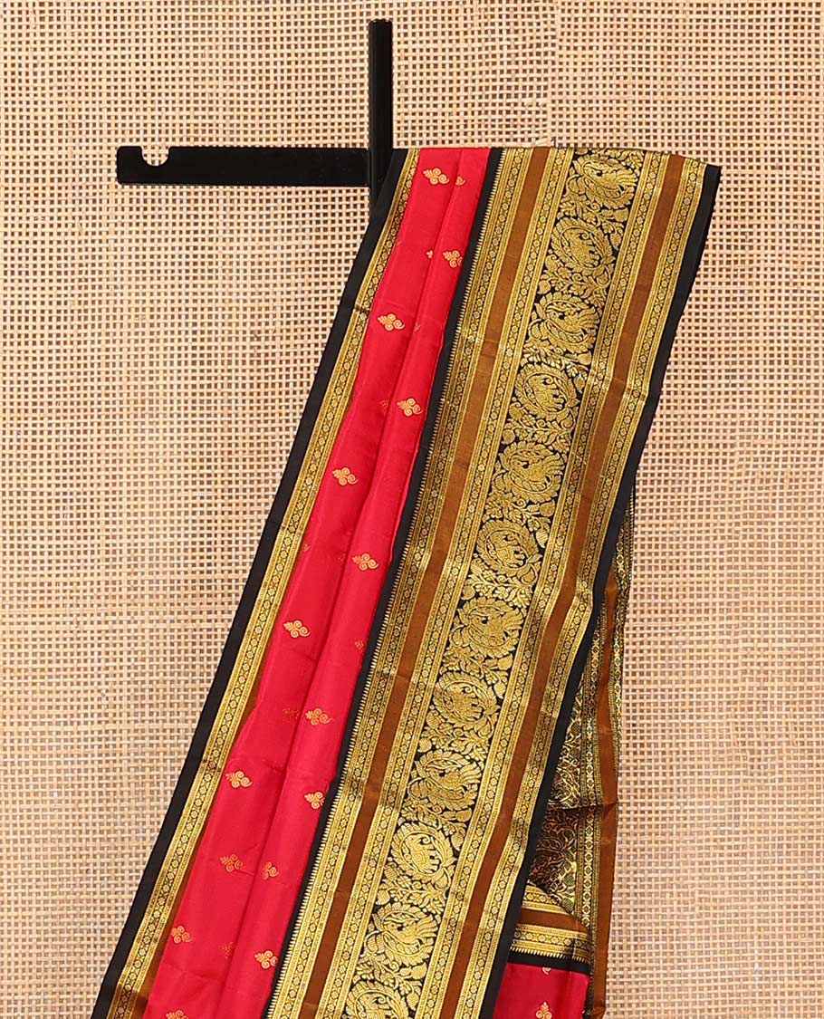 Red buttas Bangalore silk saree, contrast traditional zari border of peacocks, and pallu steeped with floral designs - Image 3