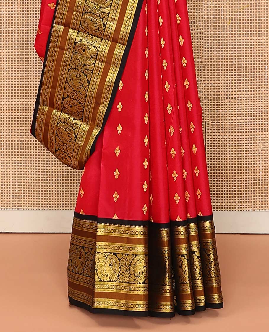 Red buttas Bangalore silk saree, contrast traditional zari border of peacocks, and pallu steeped with floral designs - Image 4