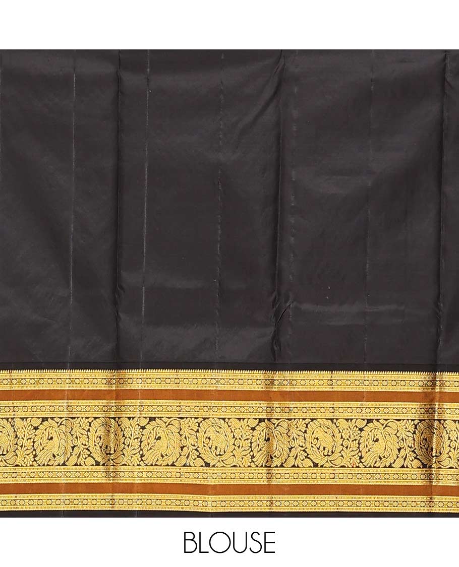 Red buttas Bangalore silk saree, contrast traditional zari border of peacocks, and pallu steeped with floral designs - Image 6