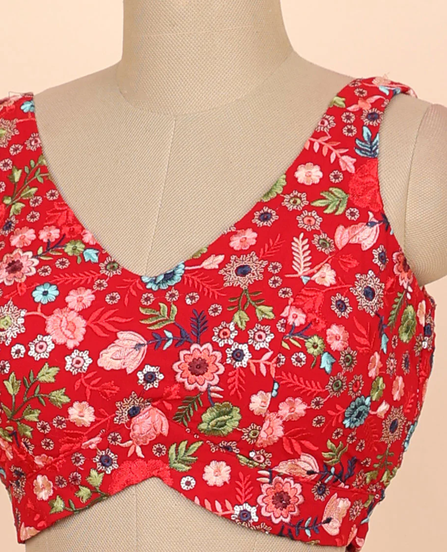 Red floral embroidered front & back deep v-neck raw-silk readymade sleeveless blouse - Image 3