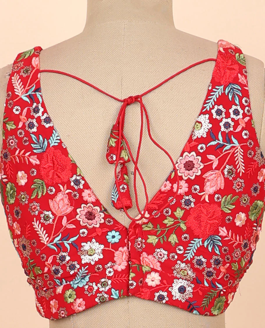 Red floral embroidered front & back deep v-neck raw-silk readymade sleeveless blouse - Image 4