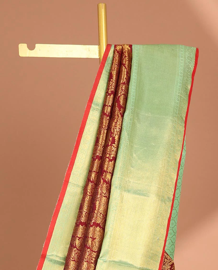 Maroon jacquard samudrika silk saree, contrast border of rekku, mayil, diamond, and zari stripes, and jaal pallu - Image 3