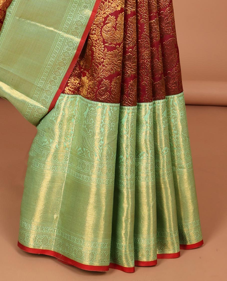 Maroon jacquard samudrika silk saree, contrast border of rekku, mayil, diamond, and zari stripes, and jaal pallu - Image 4