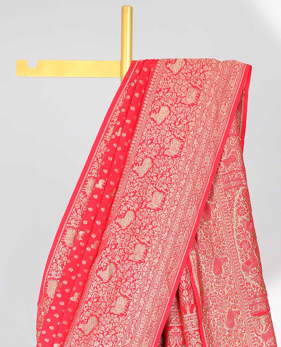 Red floral motifs banaras silk saree with self zari design border & intricate floral zari design pallu - Image 3