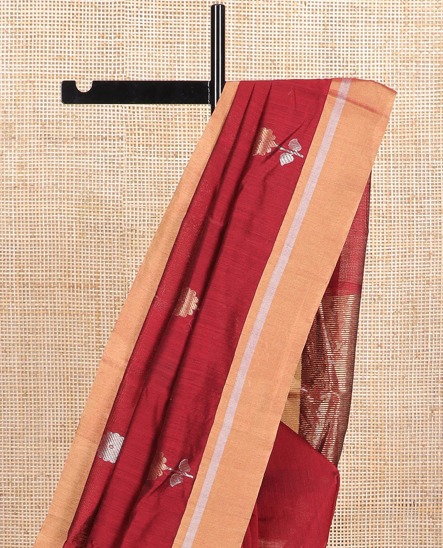 Red floral motifs chanderi cotton saree with contrast zari design border & striped pallu - Image 3