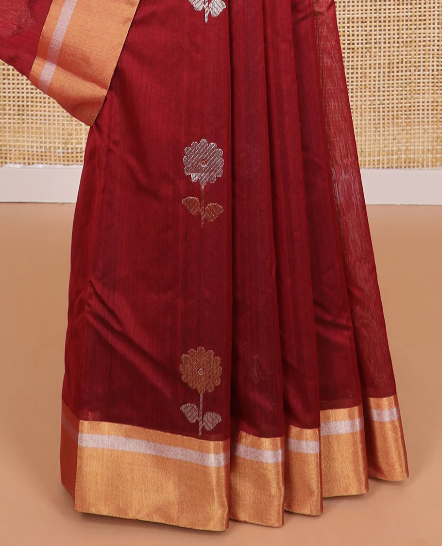 Red floral motifs chanderi cotton saree with contrast zari design border & striped pallu - Image 4