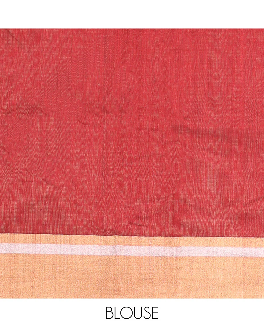 Red floral motifs chanderi cotton saree with contrast zari design border & striped pallu - Image 5