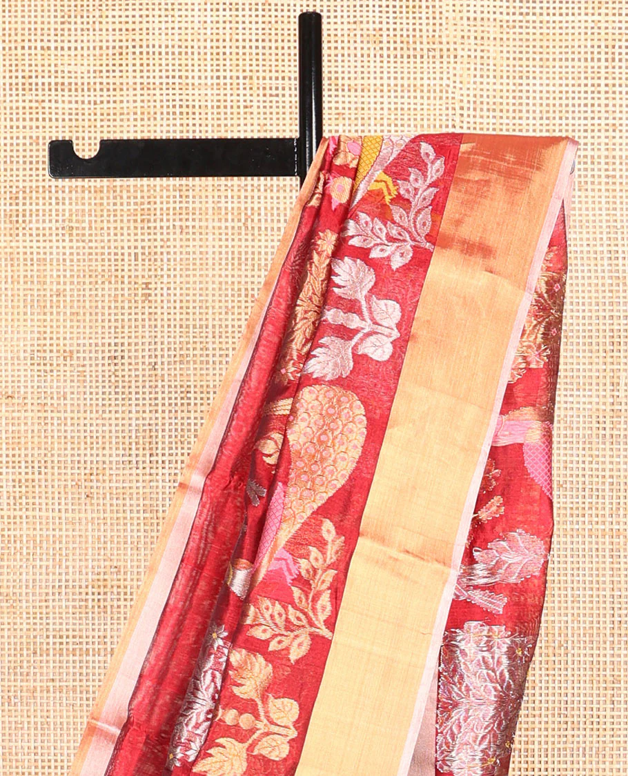 Red floral, peacock design chanderi cotton saree with contrast border & striped pallu - Image 3