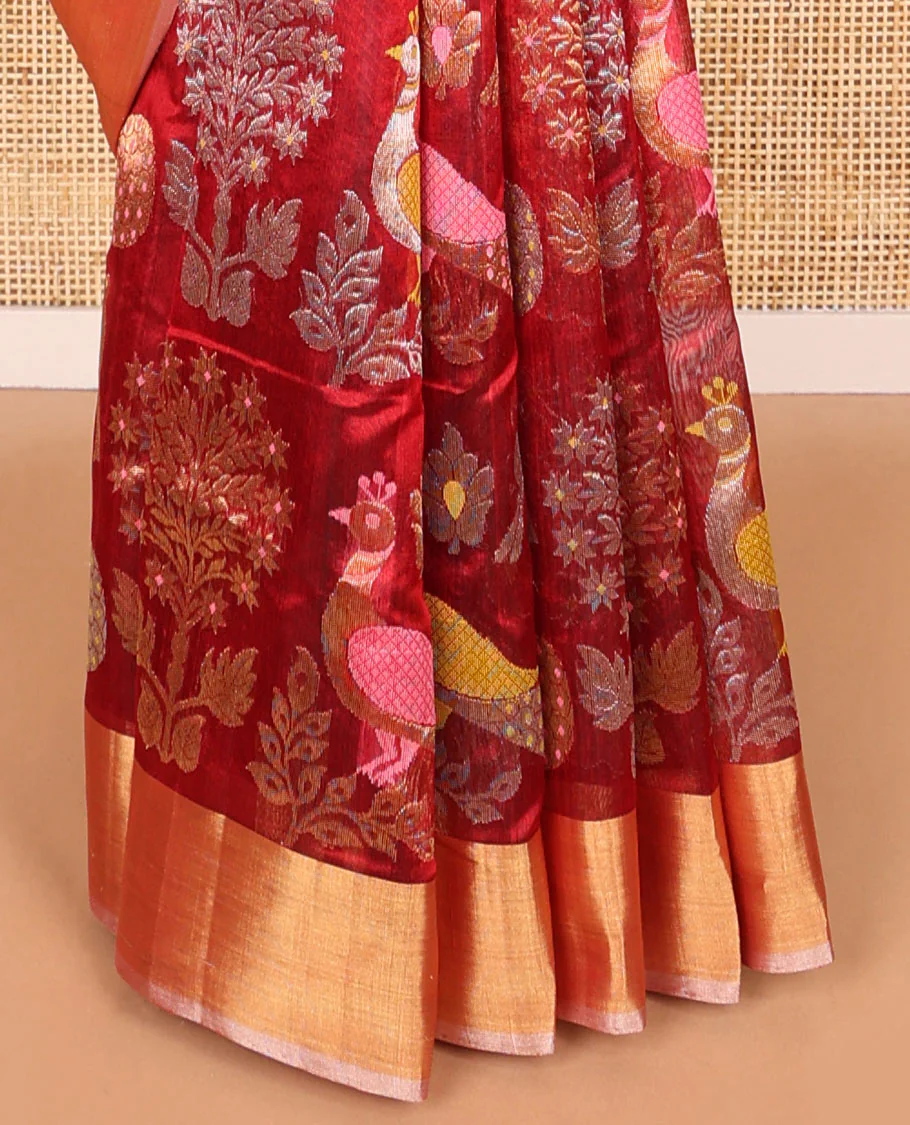 Red floral, peacock design chanderi cotton saree with contrast border & striped pallu - Image 4