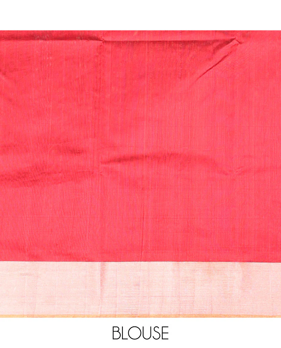 Red floral, peacock design chanderi cotton saree with contrast border & striped pallu - Image 5