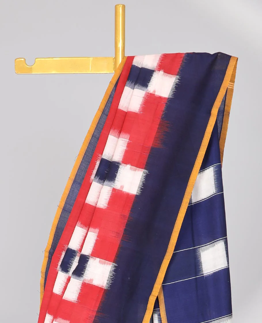 Red geometric design Ikkat cotton saree with contrast plain border & striped and geometric design pallu - Image 3