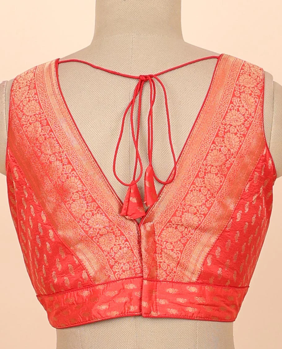 Red intricate floral zari design front & back deep v-neck raw-silk readymade sleeveless blouse - Image 4