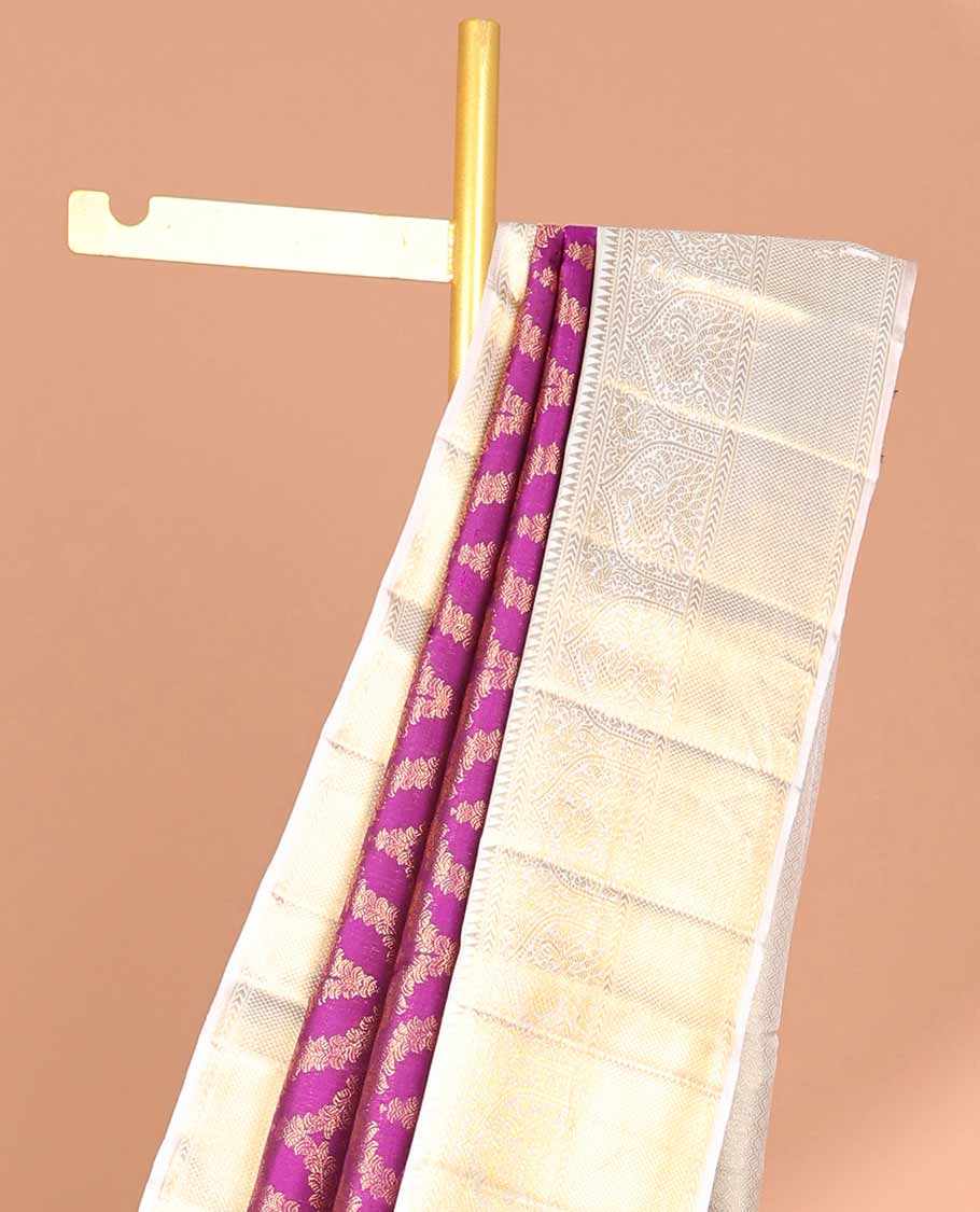 Purple jacquard samudrika silk saree, contrast border of rekku, kathir, mayil, and kuyil kann design & intricate zari woven pallu - Image 3
