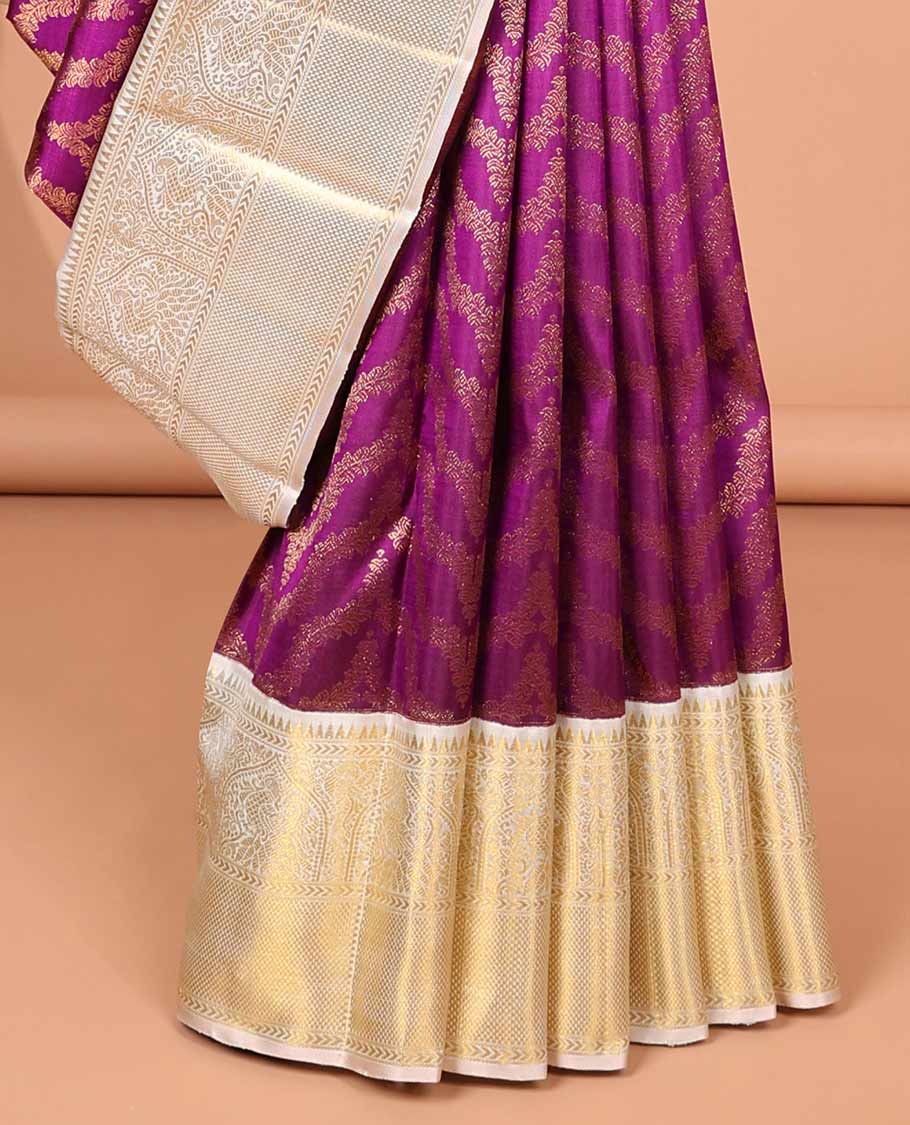 Purple jacquard samudrika silk saree, contrast border of rekku, kathir, mayil, and kuyil kann design & intricate zari woven pallu - Image 4