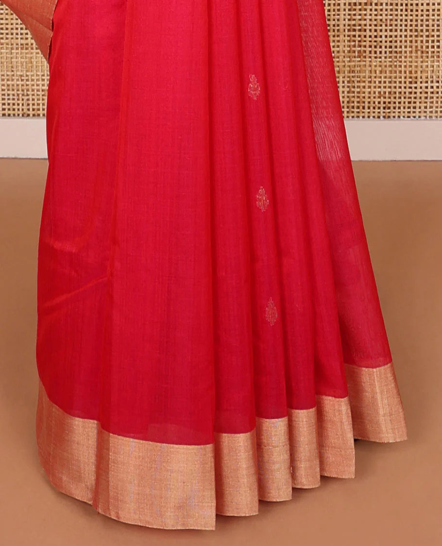 Red leaf motifs chanderi cotton saree with contrast zari border & striped pallu - Image 3