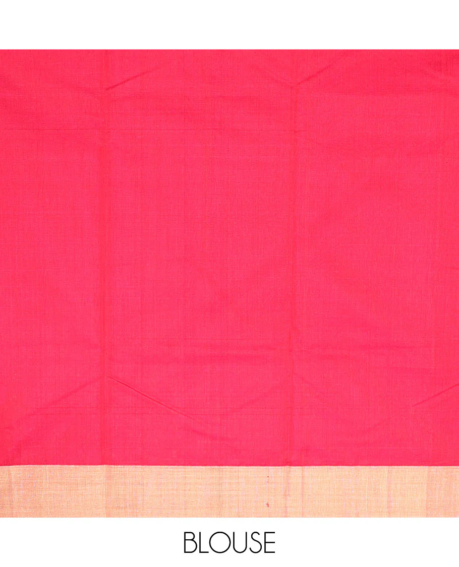 Red leaf motifs chanderi cotton saree with contrast zari border & striped pallu - Image 5