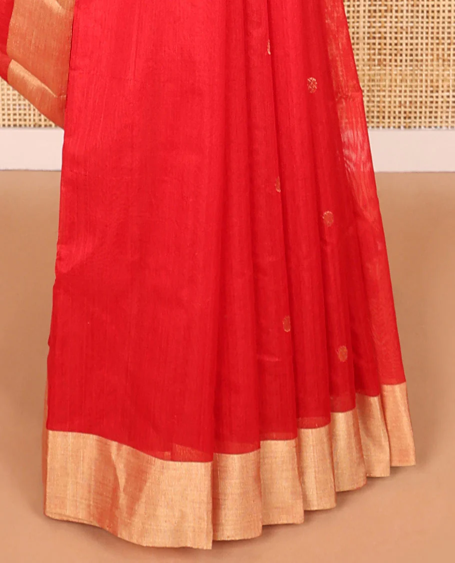 Red motifs chanderi cotton saree with contrast border & striped pallu - Image 4