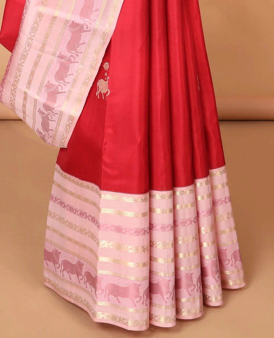 Red pichwai buttas kancheepuram silk saree with contrast korvai intricate zari design border & floral, pichwai zari design pallu - Image 5
