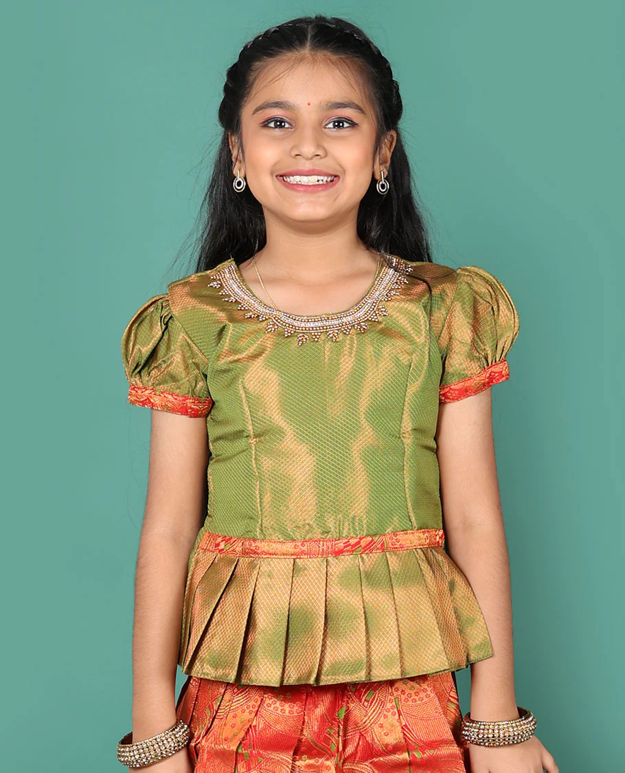 Red readymade art silk pavadai, jacquard & contrast zari border skirt & contrast jacquard round neck embroidered puff-sleeve blouse - Image 3