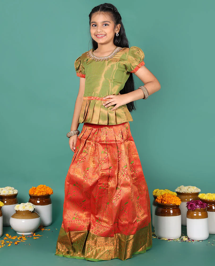 Red readymade art silk pavadai, jacquard & contrast zari border skirt & contrast jacquard round neck embroidered puff-sleeve blouse - Image 4