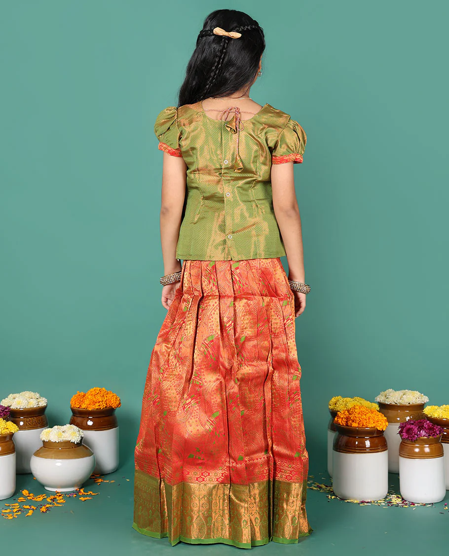 Red readymade art silk pavadai, jacquard & contrast zari border skirt & contrast jacquard round neck embroidered puff-sleeve blouse - Image 5