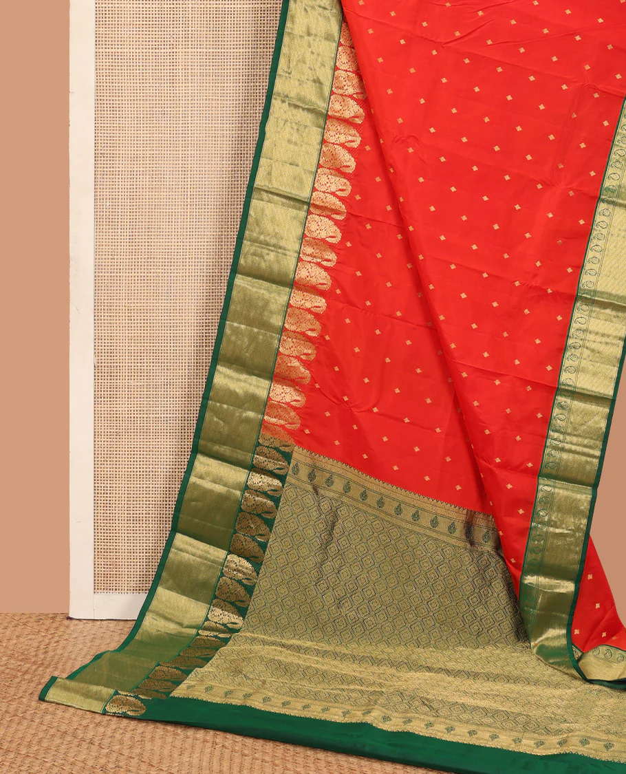 Red zari buttas Bangalore silk saree, contrast zari border of paisleys, and jaal pallu - Image 3