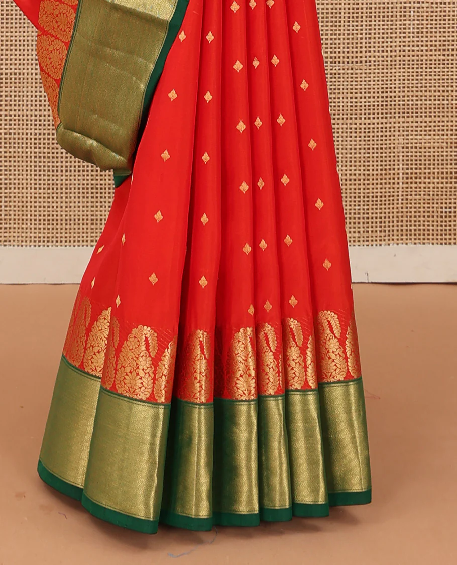 Red zari buttas Bangalore silk saree, contrast zari border of paisleys, and jaal pallu - Image 5