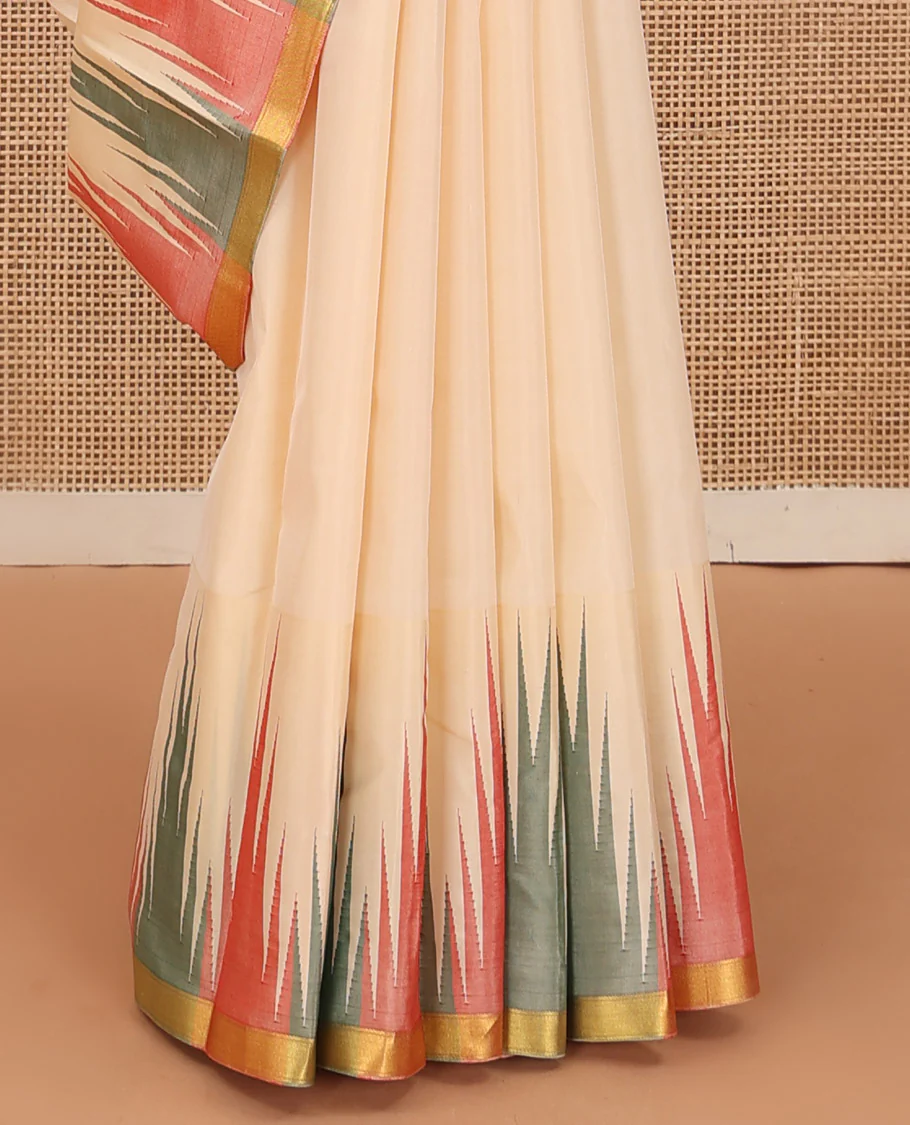 Sandal plain Bangalore silk saree, contrast ganga jamuna temple border, and temple design pallu - Image 5