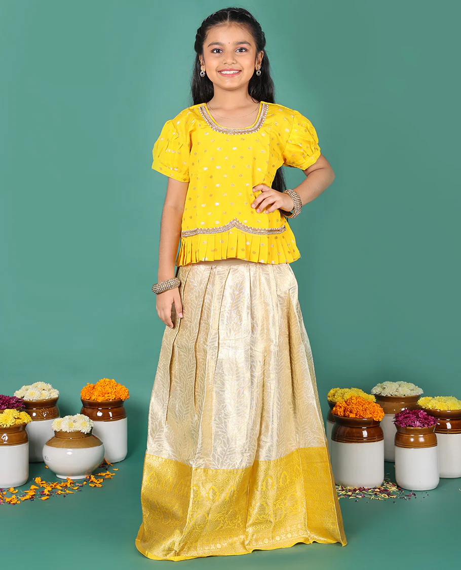 Sandal readymade art silk pavadai, jacquard & contrast zari border skirt & contrast zari buttas embroidered puff-sleeve blouse - Image 3