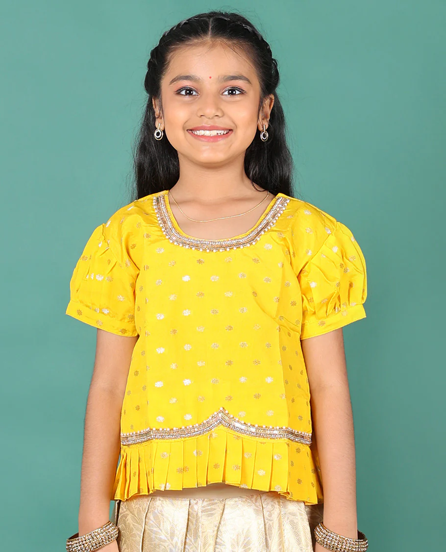 Sandal readymade art silk pavadai, jacquard & contrast zari border skirt & contrast zari buttas embroidered puff-sleeve blouse - Image 4