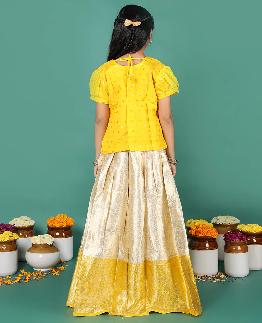 Sandal readymade art silk pavadai, jacquard & contrast zari border skirt & contrast zari buttas embroidered puff-sleeve blouse - Image 5