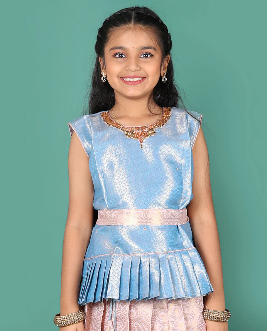 Sandal readymade art silk pavadai, jacquard skirt & contrast jacquard round neck embroidered sleeveless blouse - Image 3