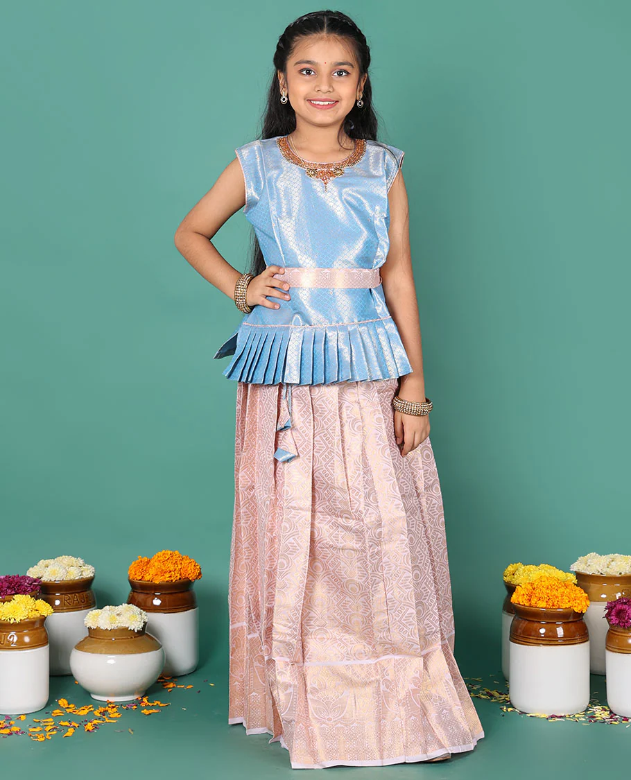 Sandal readymade art silk pavadai, jacquard skirt & contrast jacquard round neck embroidered sleeveless blouse - Image 4