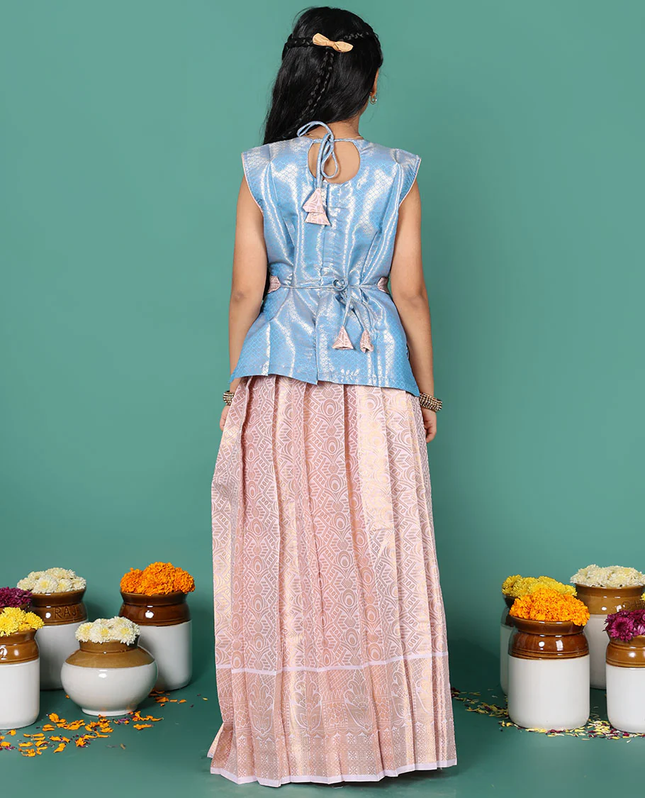 Sandal readymade art silk pavadai, jacquard skirt & contrast jacquard round neck embroidered sleeveless blouse - Image 5