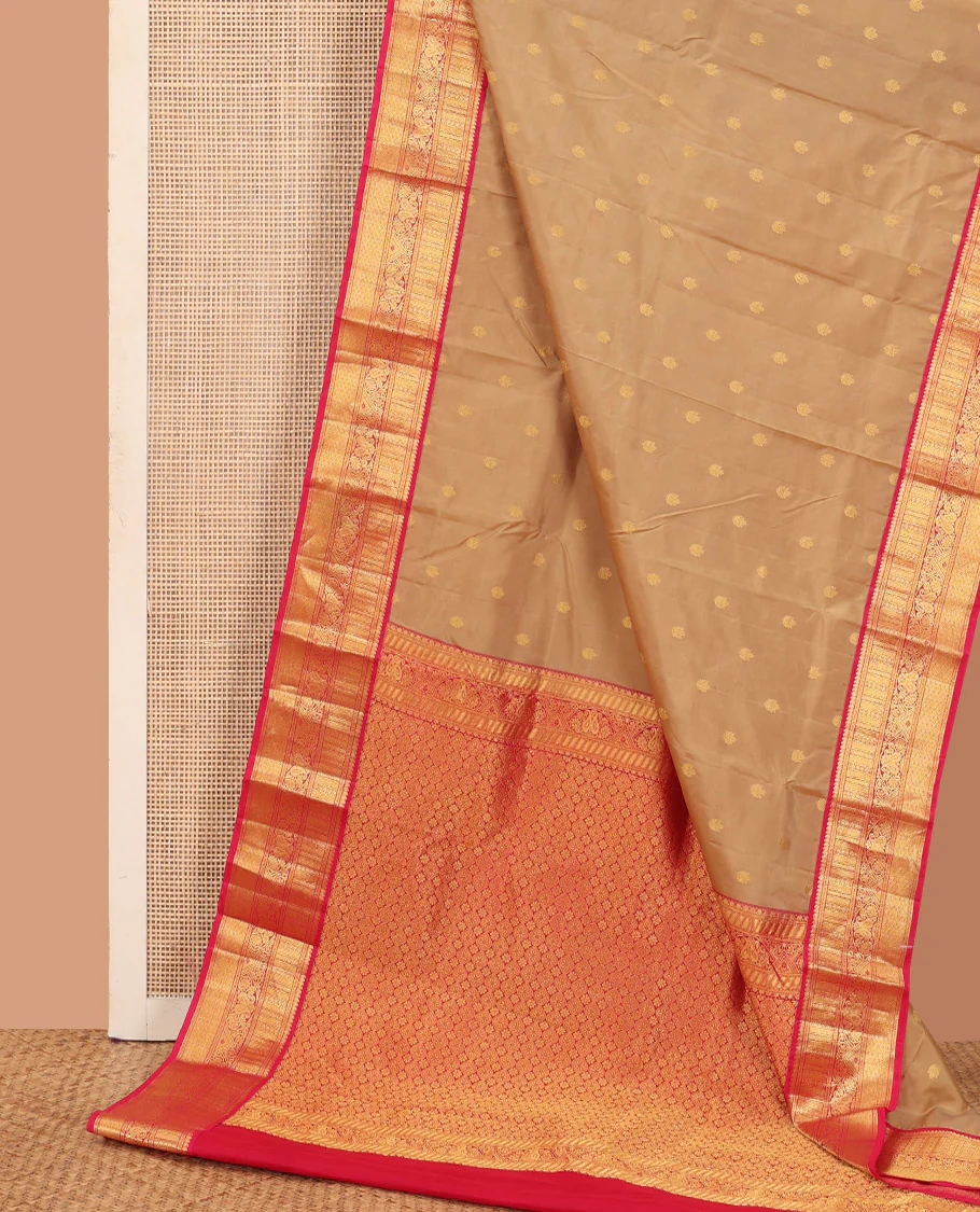 Sandal zari buttas Bangalore silk saree, contrast traditional zari design border, and intricate pallu - Image 3