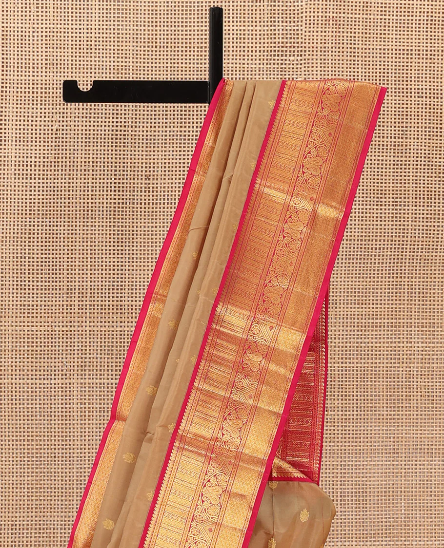 Sandal zari buttas Bangalore silk saree, contrast traditional zari design border, and intricate pallu - Image 4